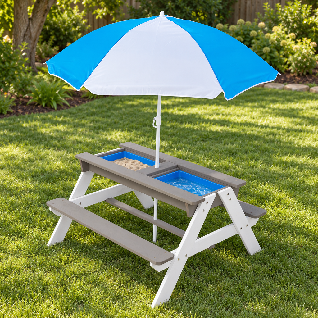 3-in-1 Kids Wood Picnic Table with Umbrella, Gray and White, on a lawn with the two play tubs exposed