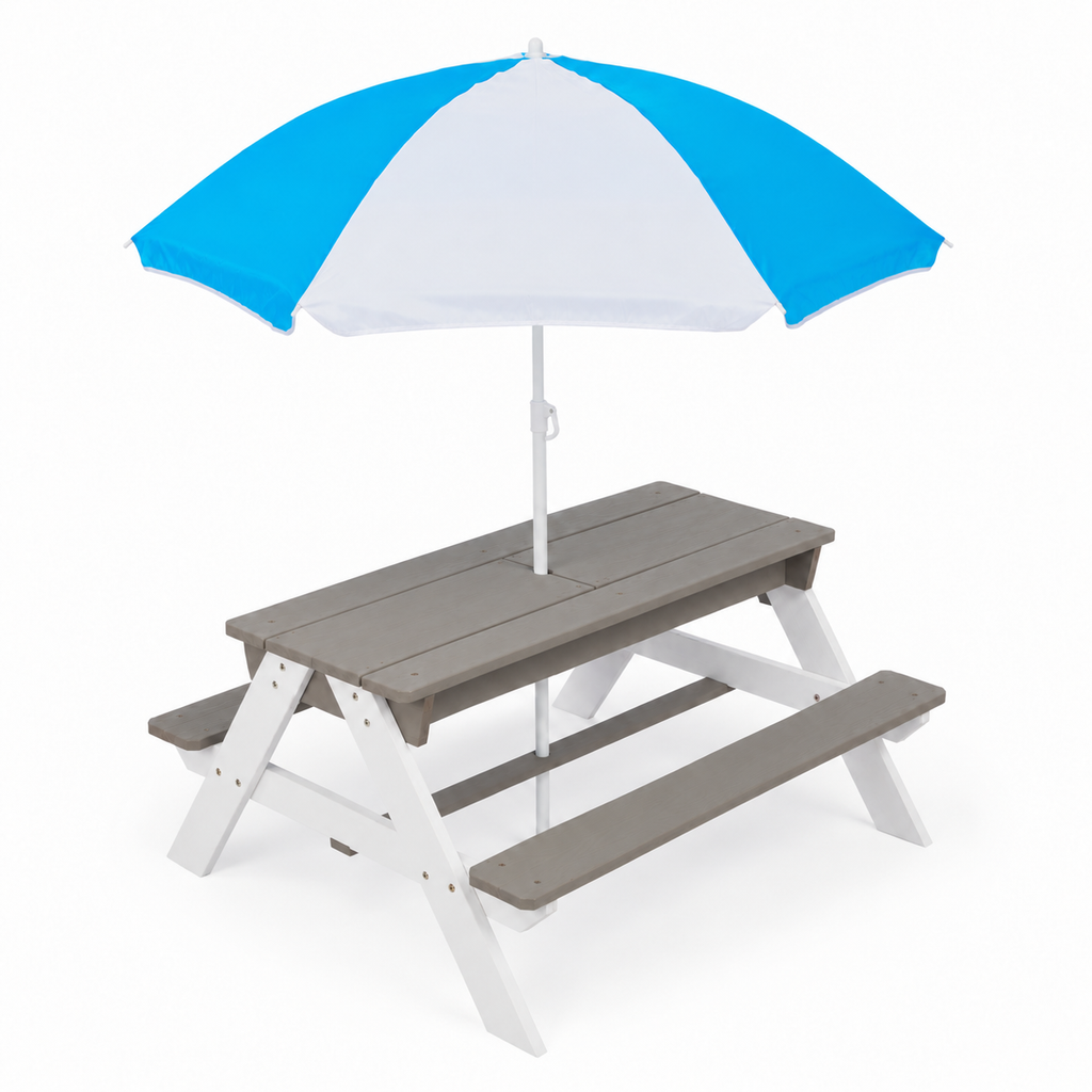3-in-1 Kids Wood Picnic Table with Umbrella, Gray and White, left-front view on white