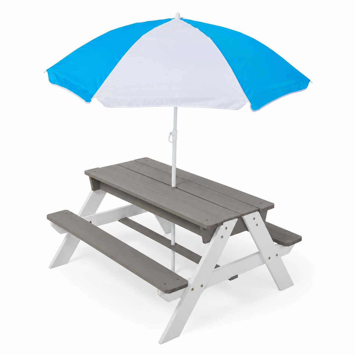 3-in-1 Kids Wood Picnic Table with Umbrella, Gray and White, right-front view on white