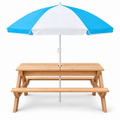 3-in-1 Kids Wood Picnic Table with Umbrella, Natural Wood, front view on white