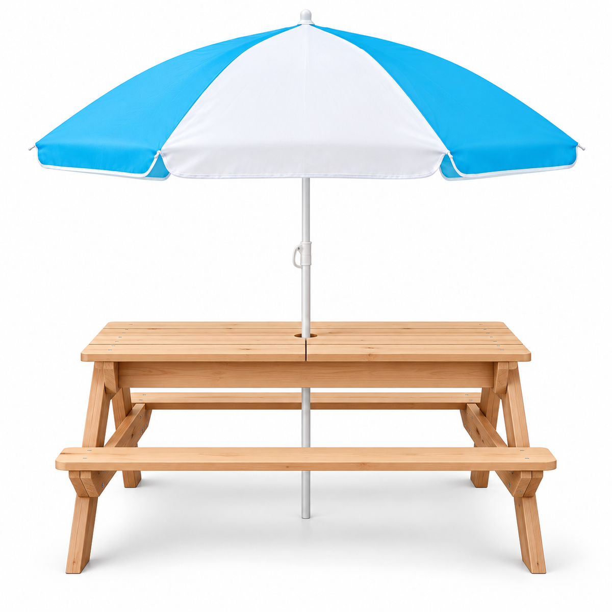3-in-1 Kids Wood Picnic Table with Umbrella, Natural Wood, front view on white