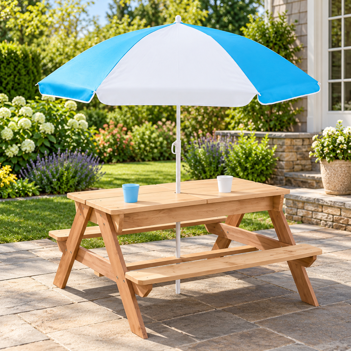 3-in-1 Kids Wood Picnic Table with Umbrella, Natural Wood, on a patio with tabletop covers installed