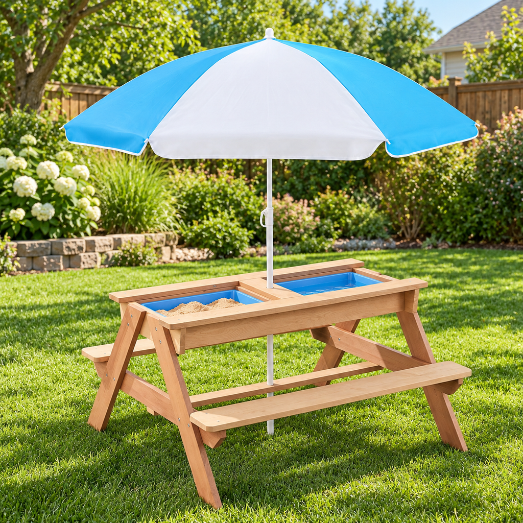 3-in-1 Kids Wood Picnic Table with Umbrella, Natural Wood, on a lawn with the two play tubs exposed