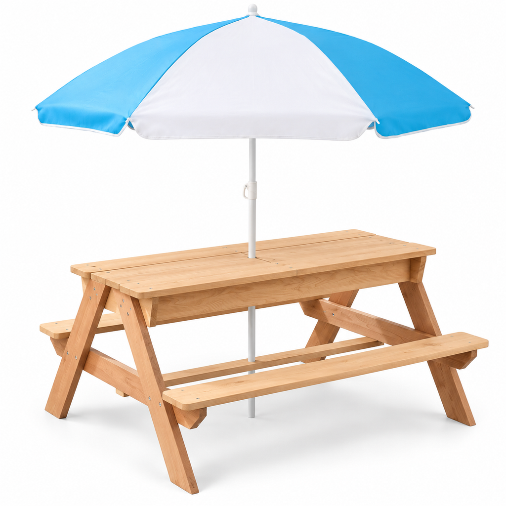 3-in-1 Kids Wood Picnic Table with Umbrella, Natural Wood, left-front view on white