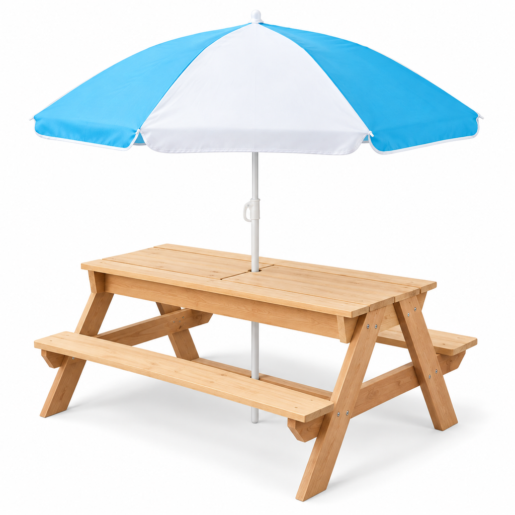 3-in-1 Kids Wood Picnic Table with Umbrella, Natural Wood, right-front view on white