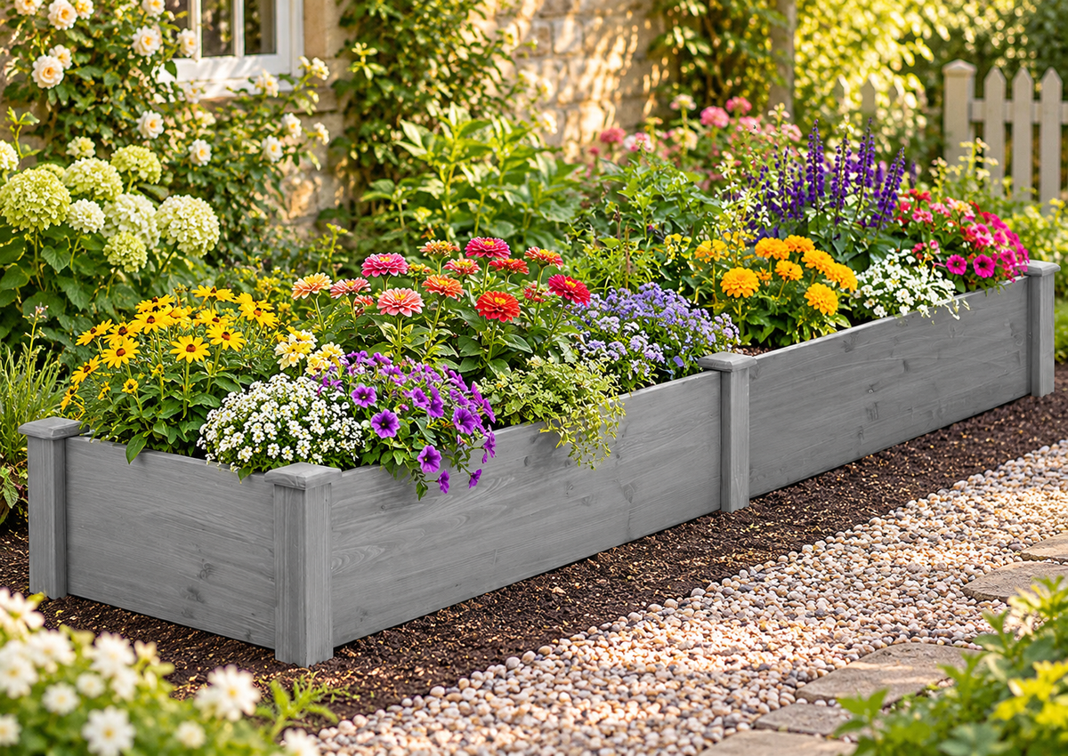 96 x 28-Inch Wood Raised Garden Bed, Gray, in a flower garden