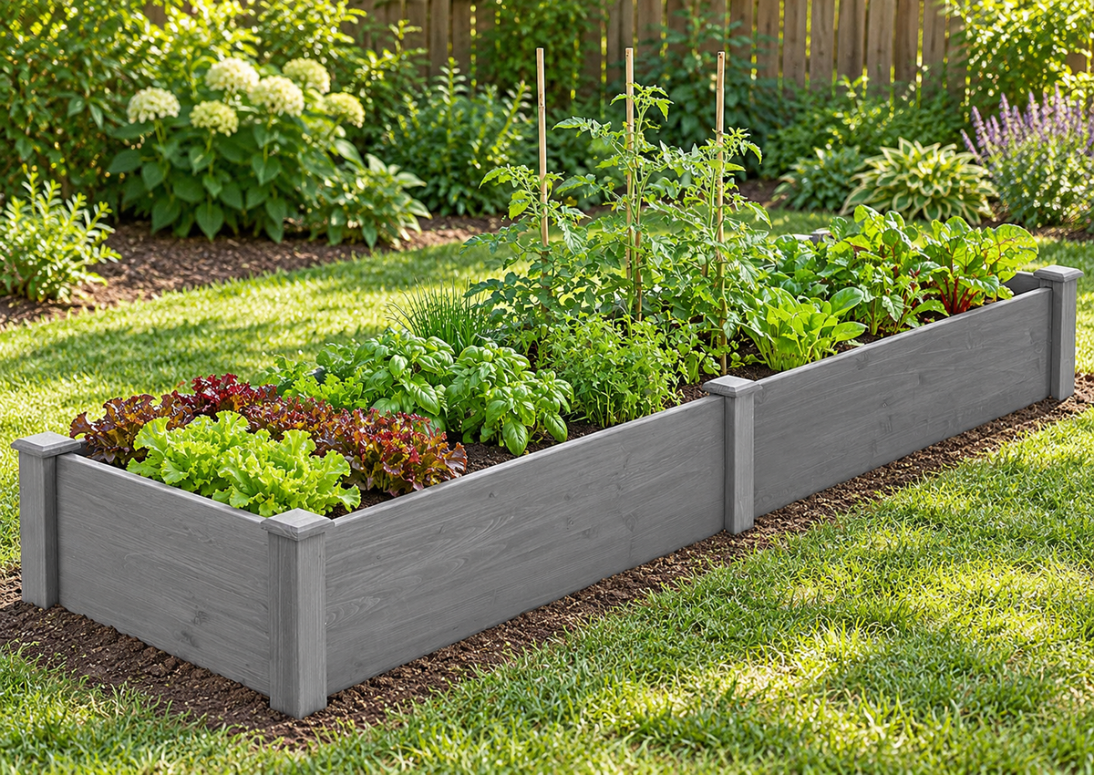96 x 28-Inch Wood Raised Garden Bed, Gray, in a backyard vegetable garden