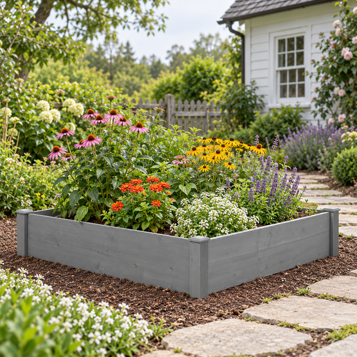 48 x 48-Inch Wood Raised Garden Bed, Gray, in a cottage garden