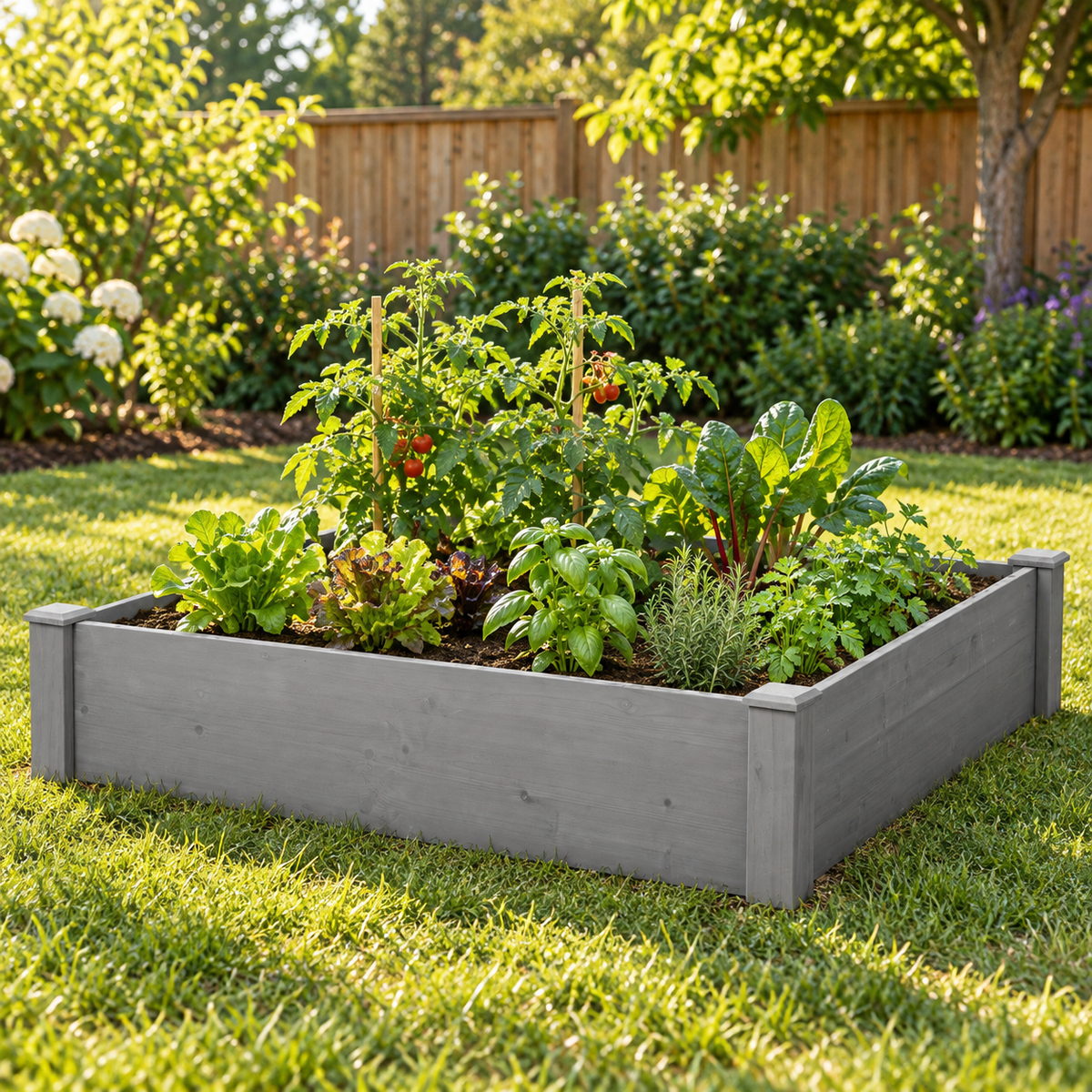 48 x 48-Inch Wood Raised Garden Bed, Gray, in a backyard vegetable garden