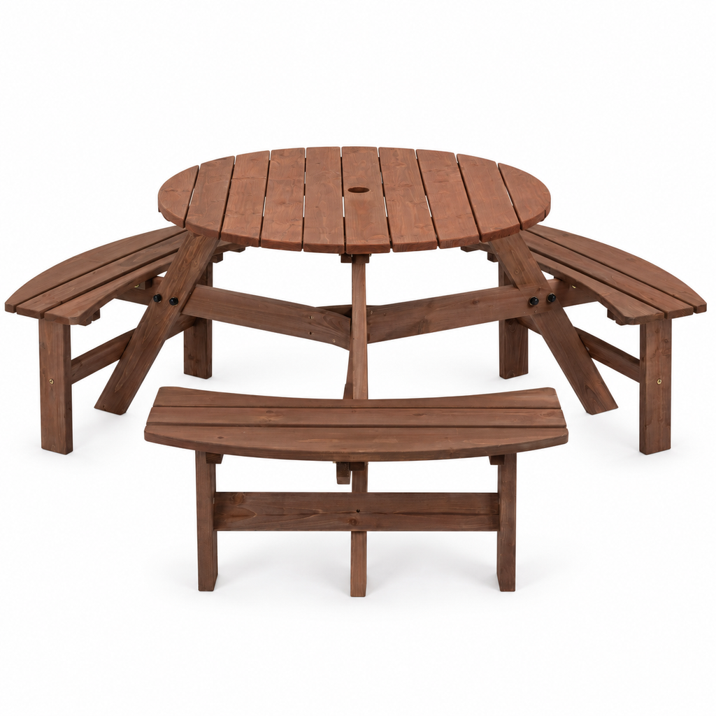 Round Wood Picnic Table with Three Benches, Brown, front view on white