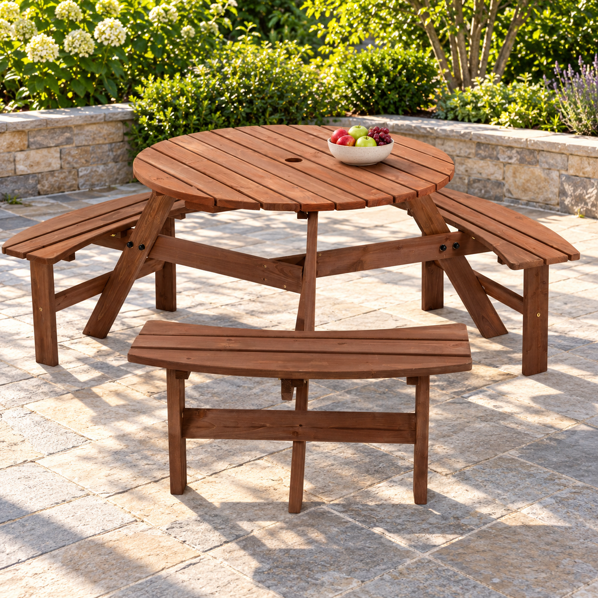 Round Wood Picnic Table with Three Benches, Brown, in an outdoor picnic setting