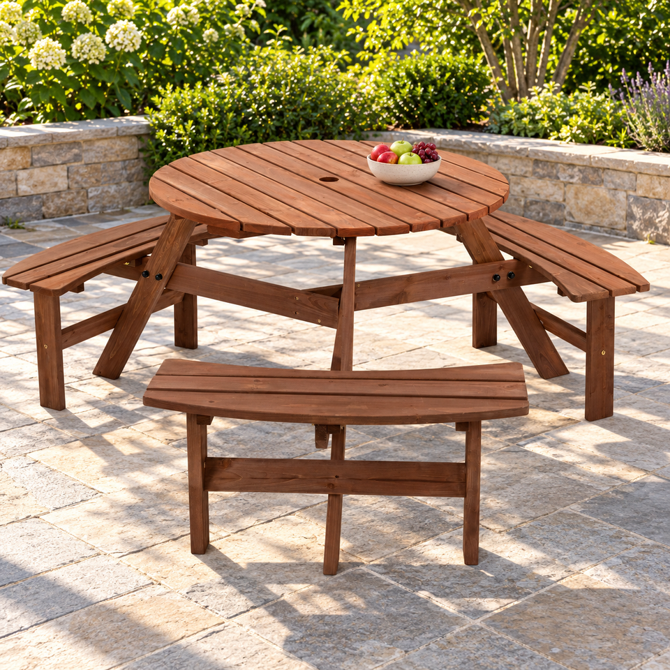Round Wood Picnic Table with Three Benches, Brown, in an outdoor picnic setting