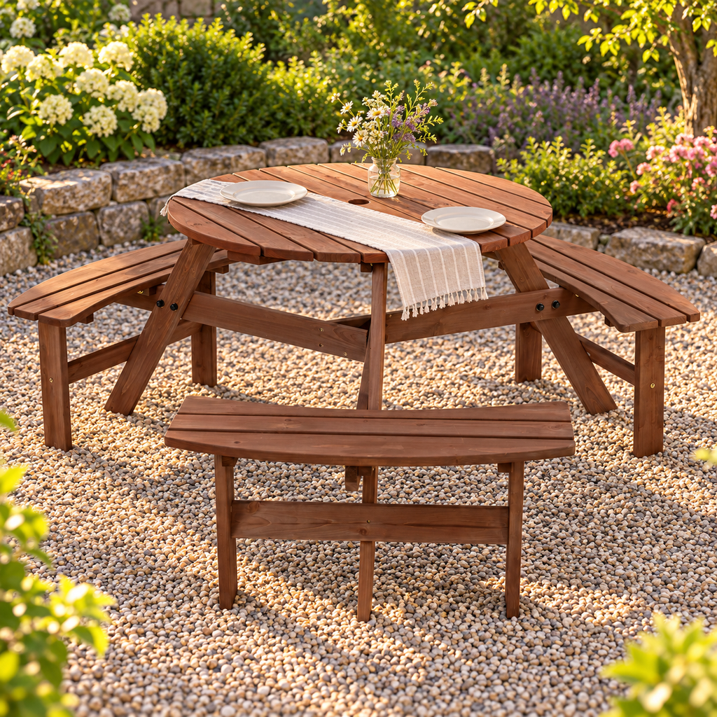 Round Wood Picnic Table with Three Benches, Brown, in a gravel garden nook