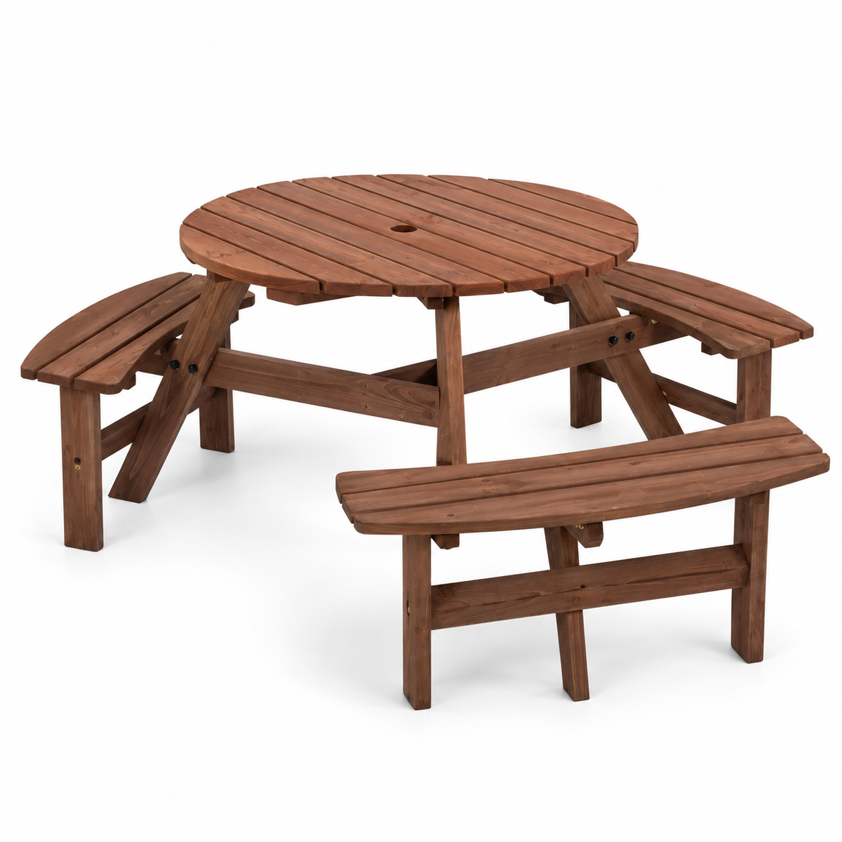 Round Wood Picnic Table with Three Benches, Brown, left-front view on white