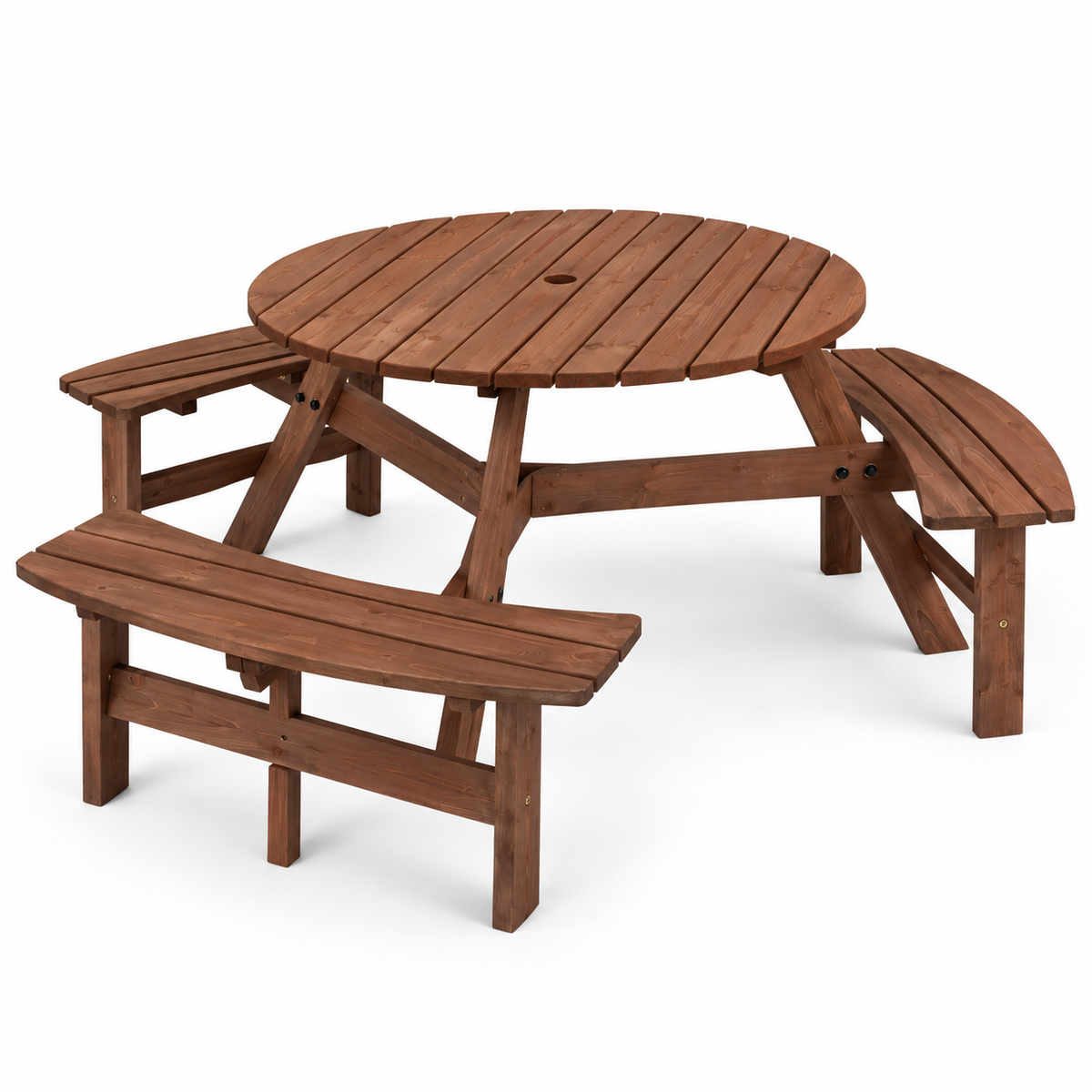 Round Wood Picnic Table with Three Benches, Brown, right-front view on white