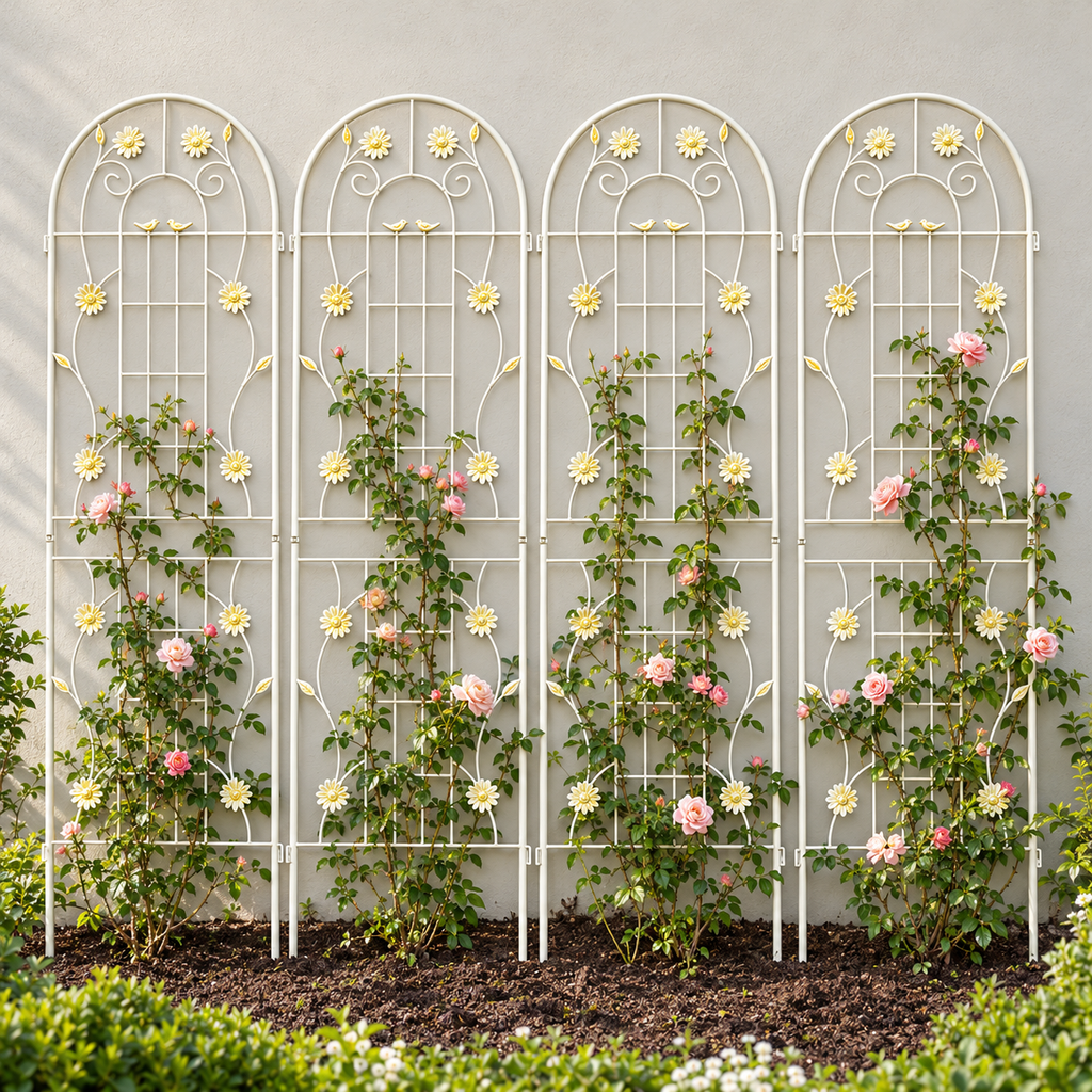 71-Inch Metal Garden Trellis, 4-Pack, Cream White, in a rose bed beside a pale wall