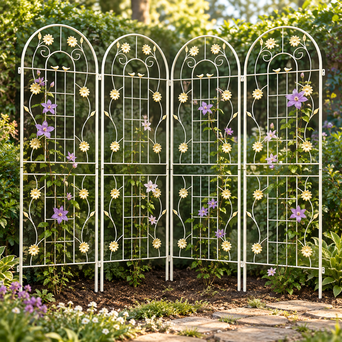 71-Inch Metal Garden Trellis, 4-Pack, Cream White, beside a flower garden path with climbing vines