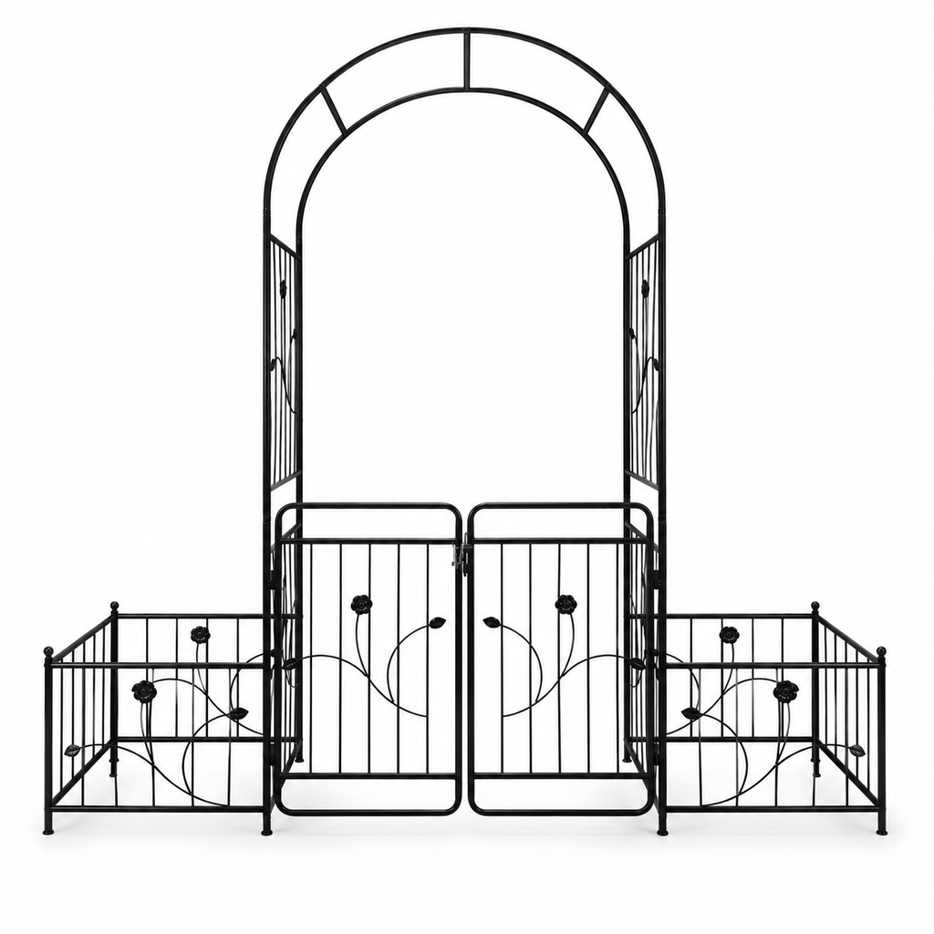 86.6-in. Iron Garden Arch with Gate and Planter Stands, front view on white