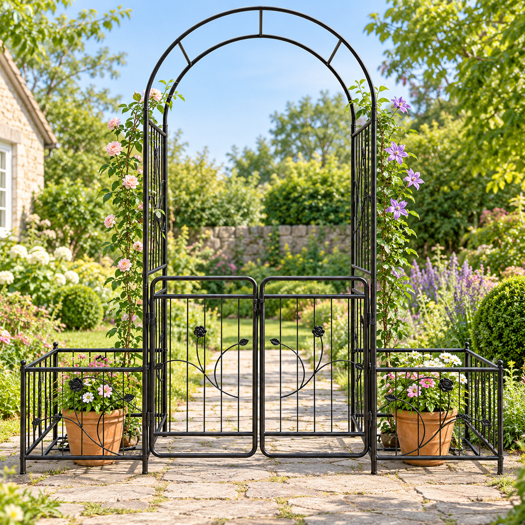 86.6-in. Iron Garden Arch with Gate and Planter Stands, on a cottage garden path with closed gates