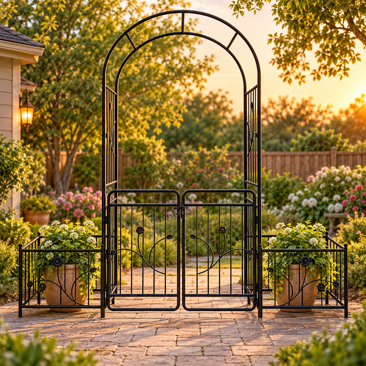 86.6-in. Iron Garden Arch with Gate and Planter Stands, at a flower garden entrance with closed gates