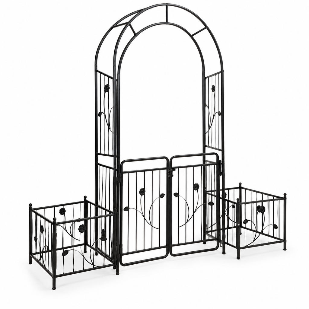 86.6-in. Iron Garden Arch with Gate and Planter Stands, left-front view on white