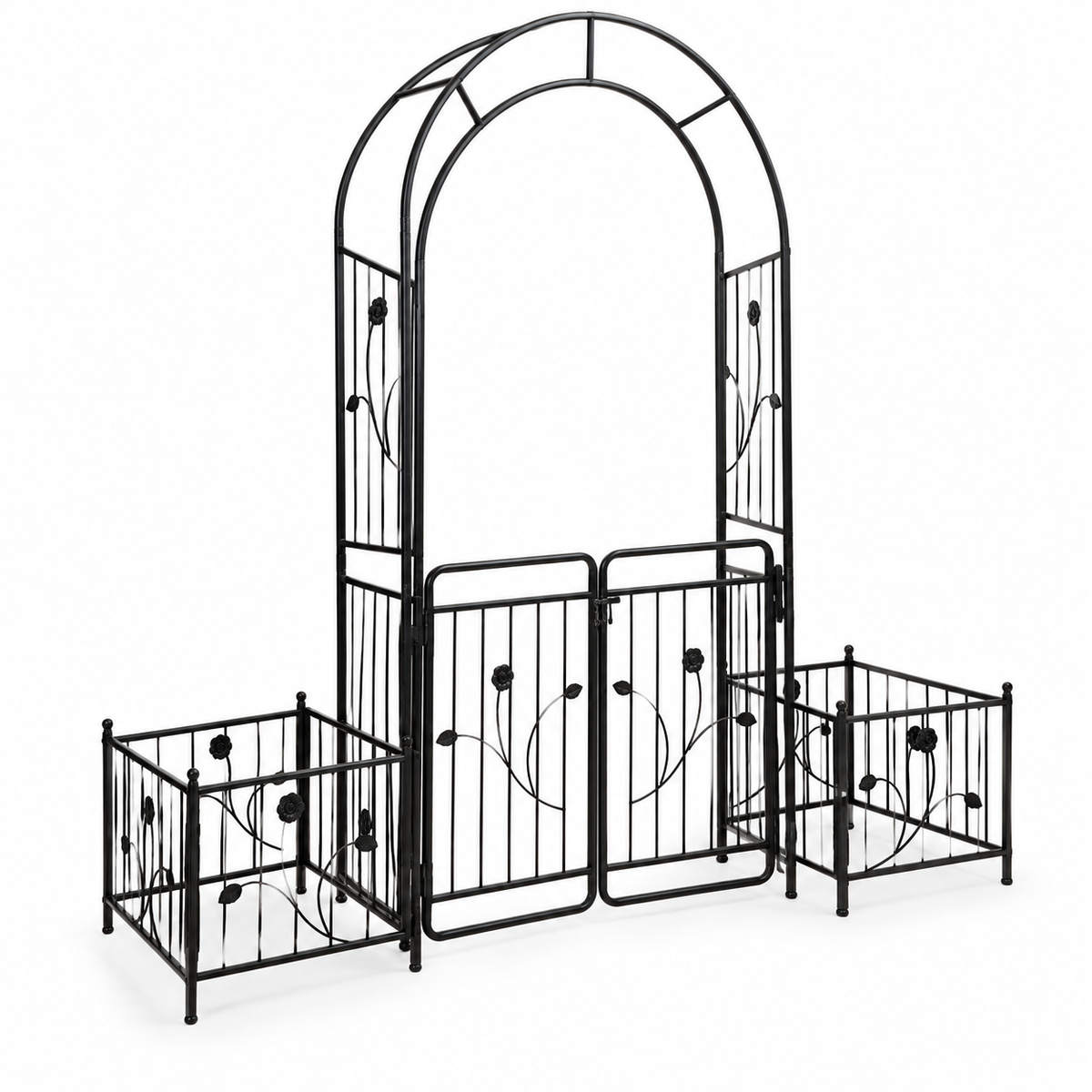 86.6-in. Iron Garden Arch with Gate and Planter Stands, left-front view on white