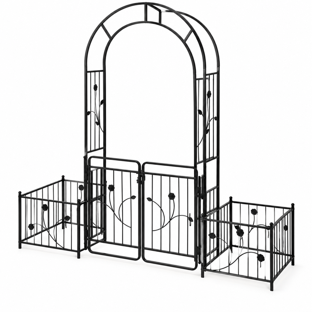 86.6-in. Iron Garden Arch with Gate and Planter Stands, right-front view on white