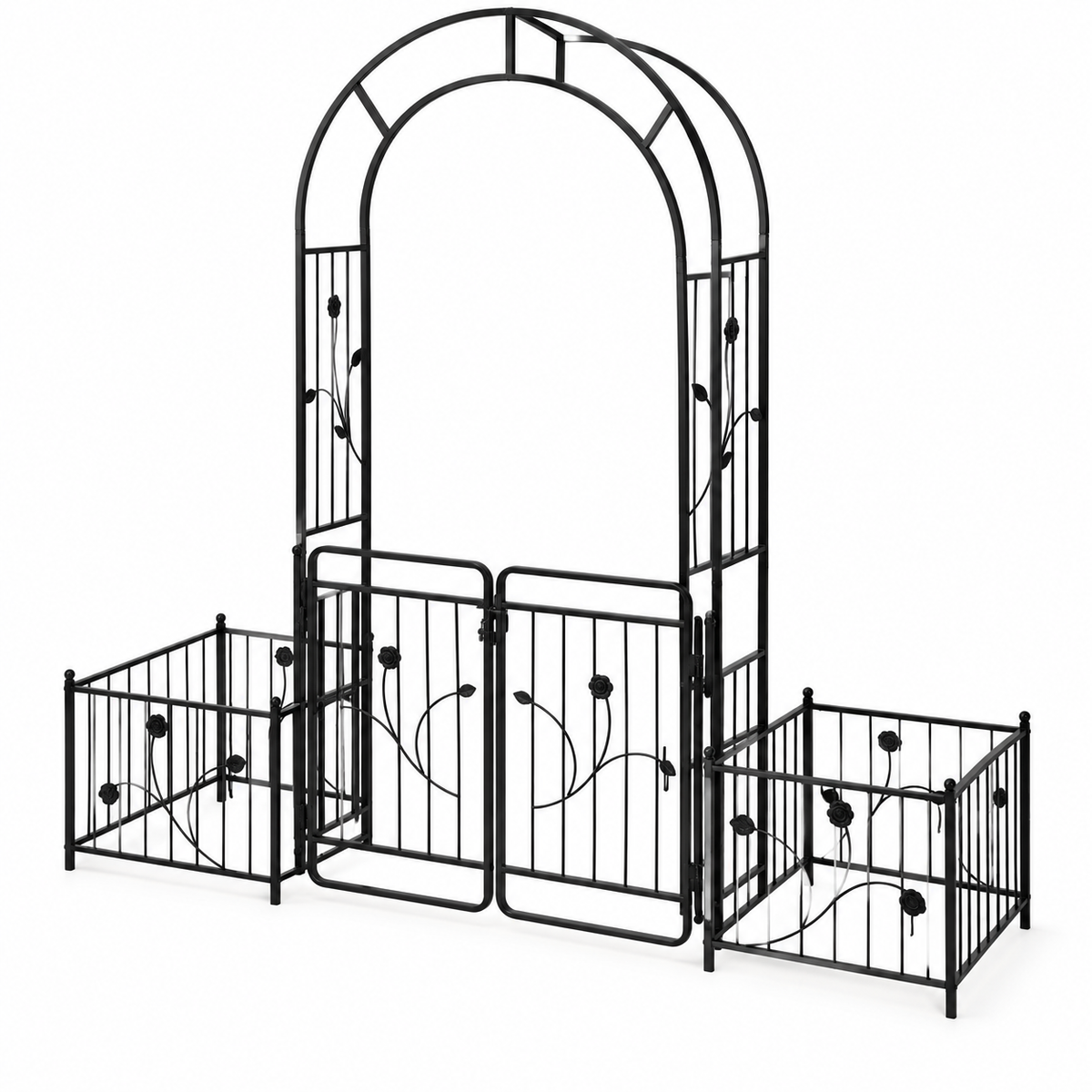 86.6-in. Iron Garden Arch with Gate and Planter Stands, right-front view on white