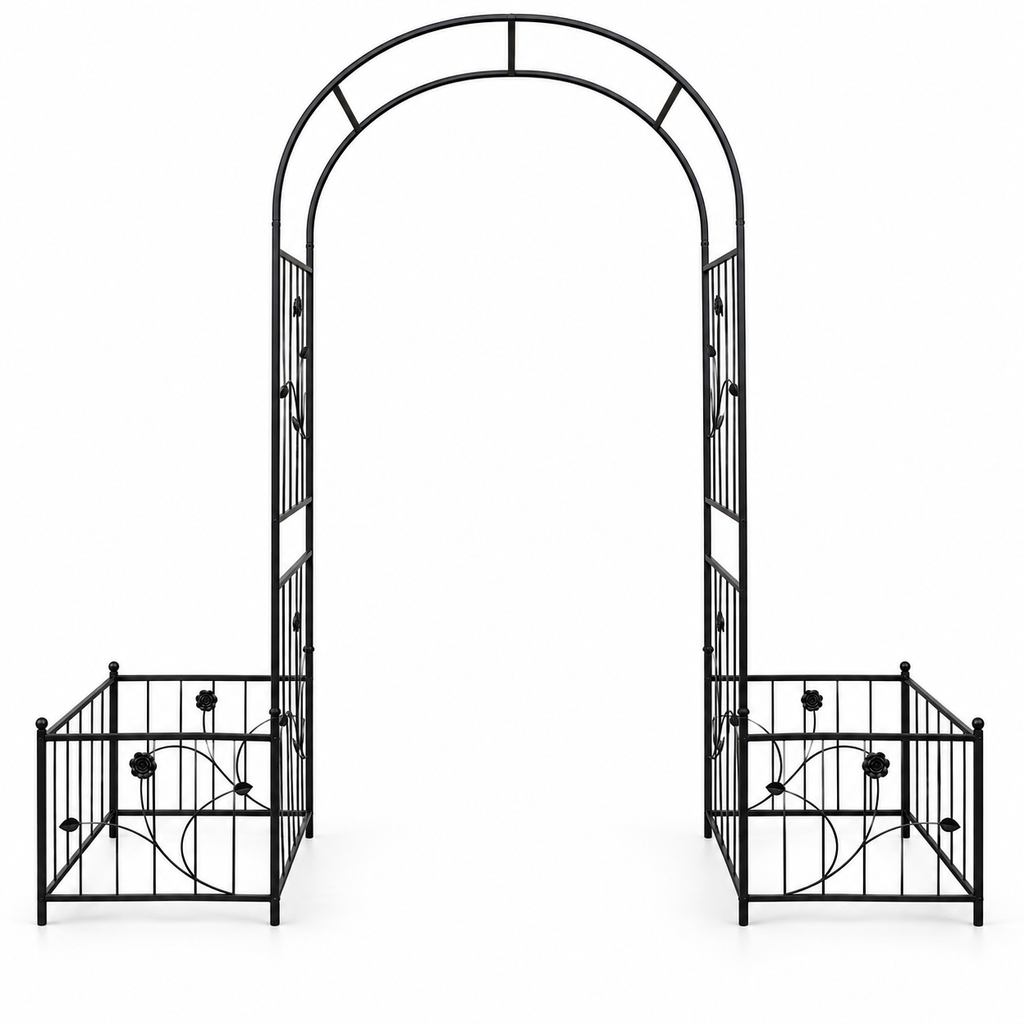 86.6-in. Iron Garden Arch with Two Planter Stands, front view on white