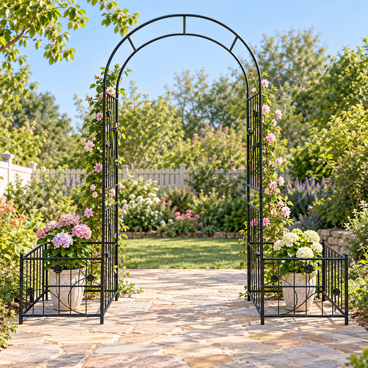 86.6-in. Iron Garden Arch with Two Planter Stands, on a backyard garden path
