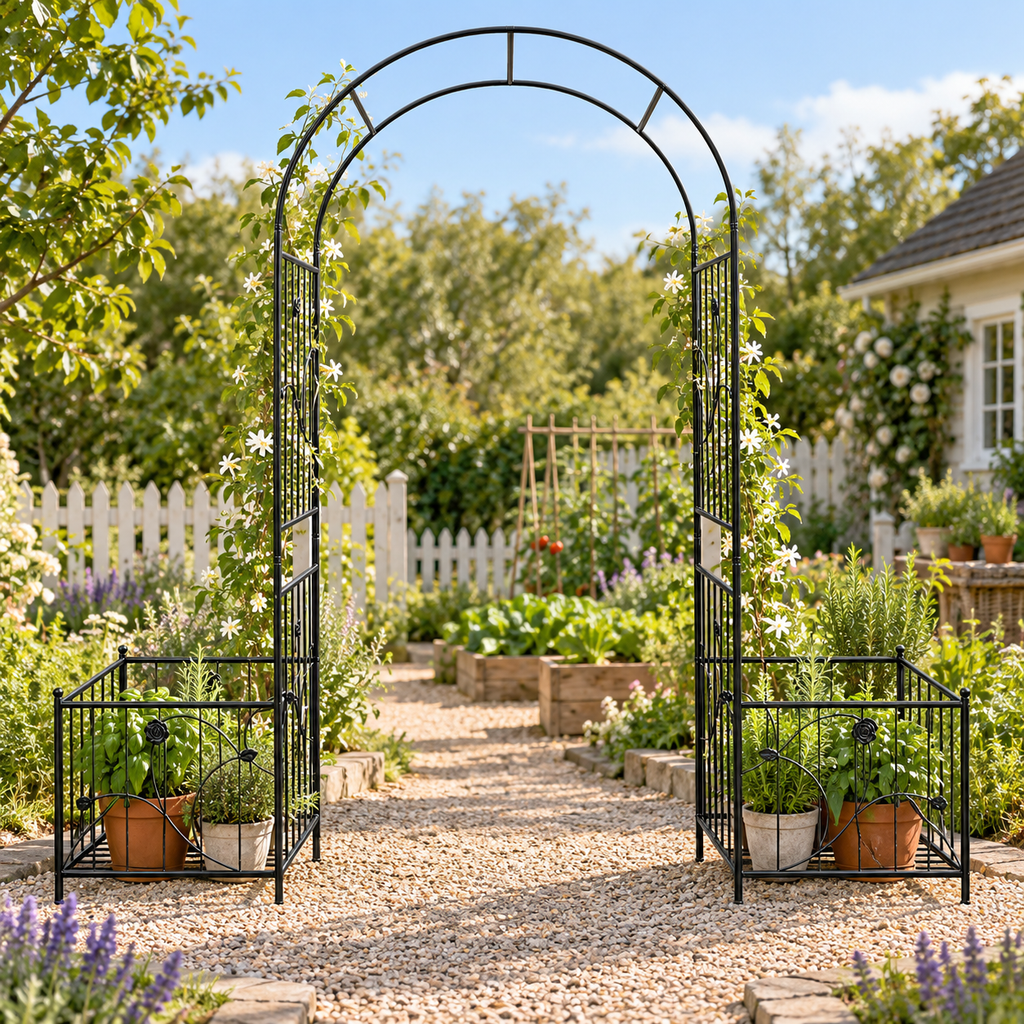 86.6-in. Iron Garden Arch with Two Planter Stands, at a cottage vegetable garden entrance