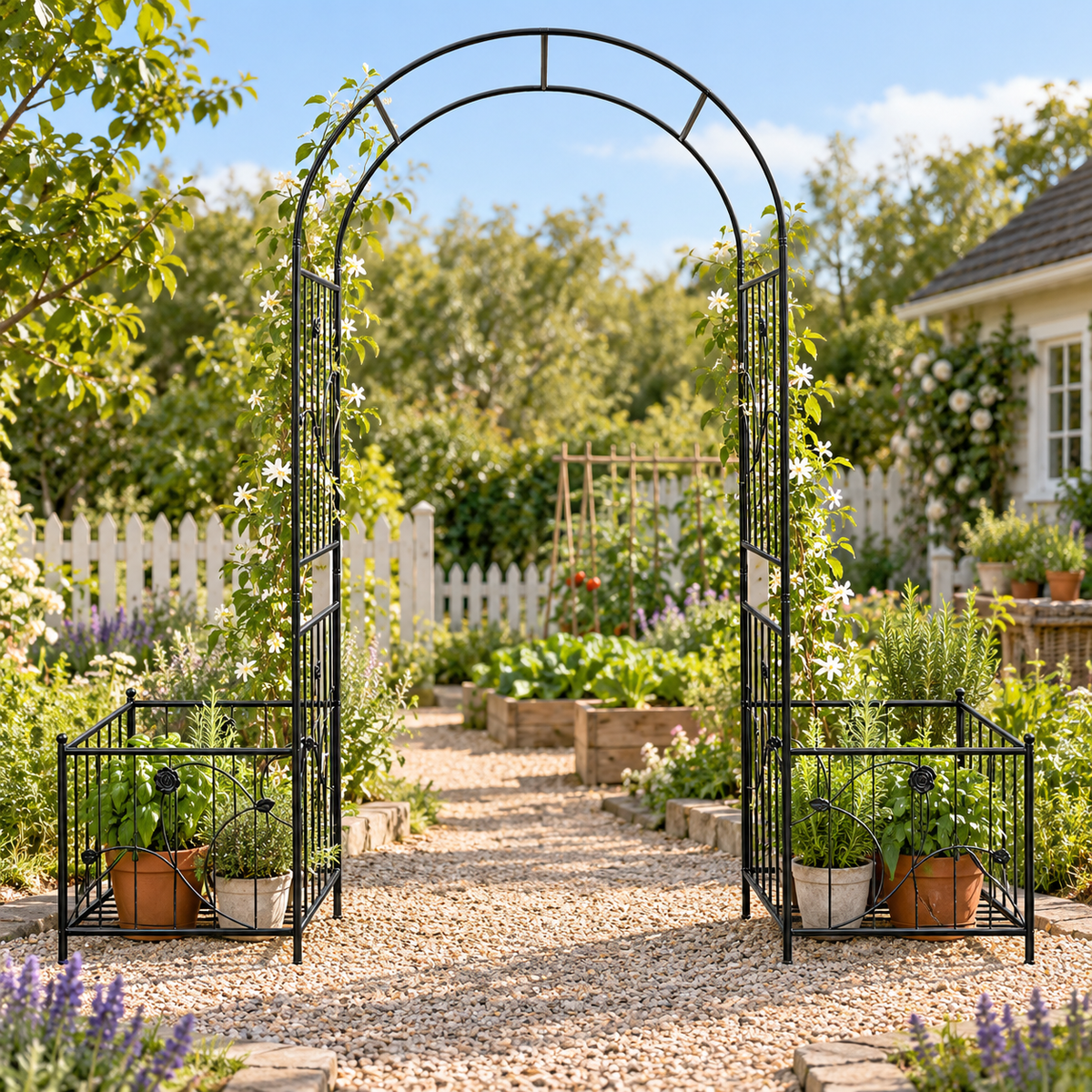 86.6-in. Iron Garden Arch with Two Planter Stands, at a cottage vegetable garden entrance
