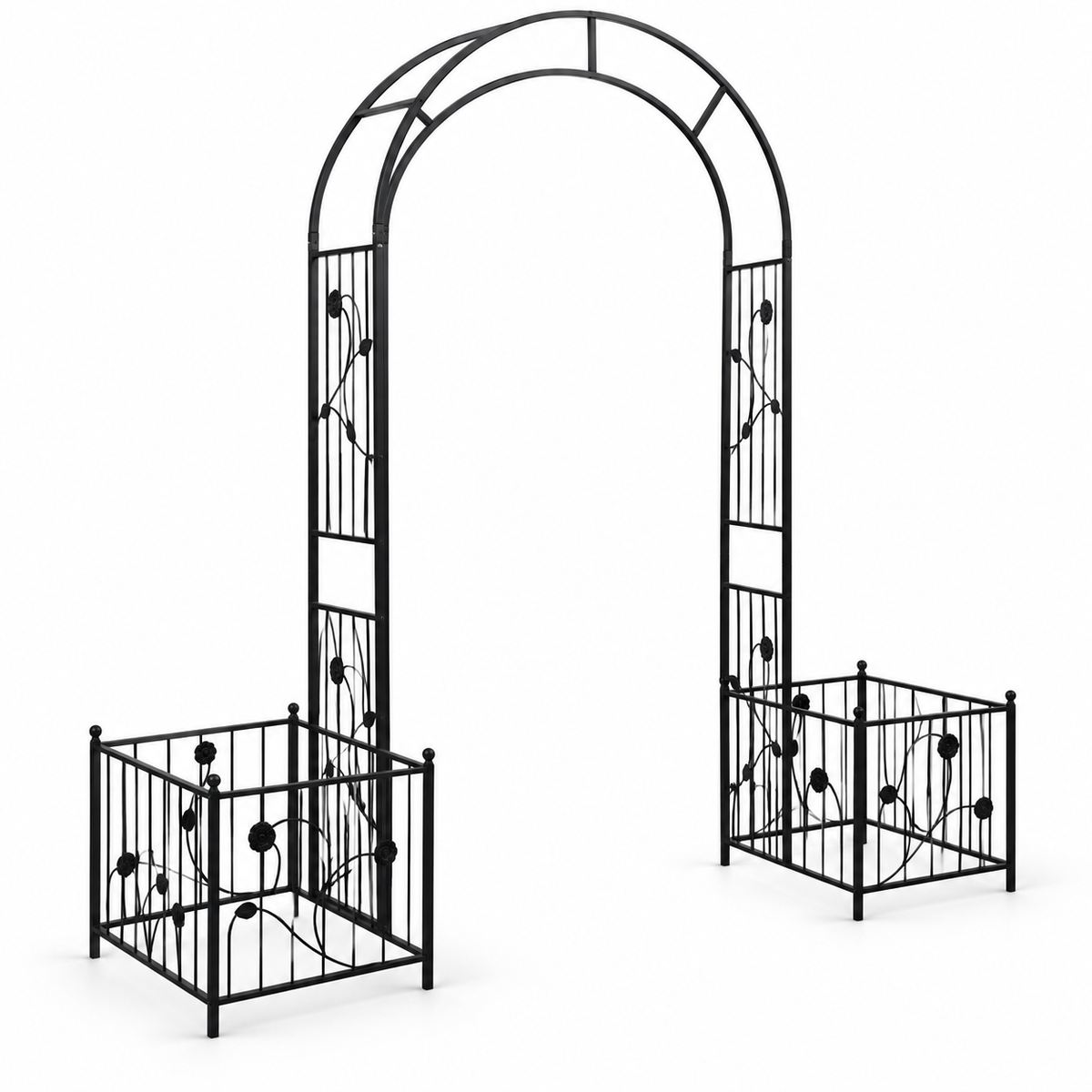 86.6-in. Iron Garden Arch with Two Planter Stands, left-front view on white
