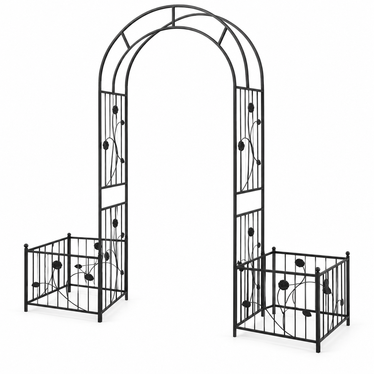86.6-in. Iron Garden Arch with Two Planter Stands, right-front view on white
