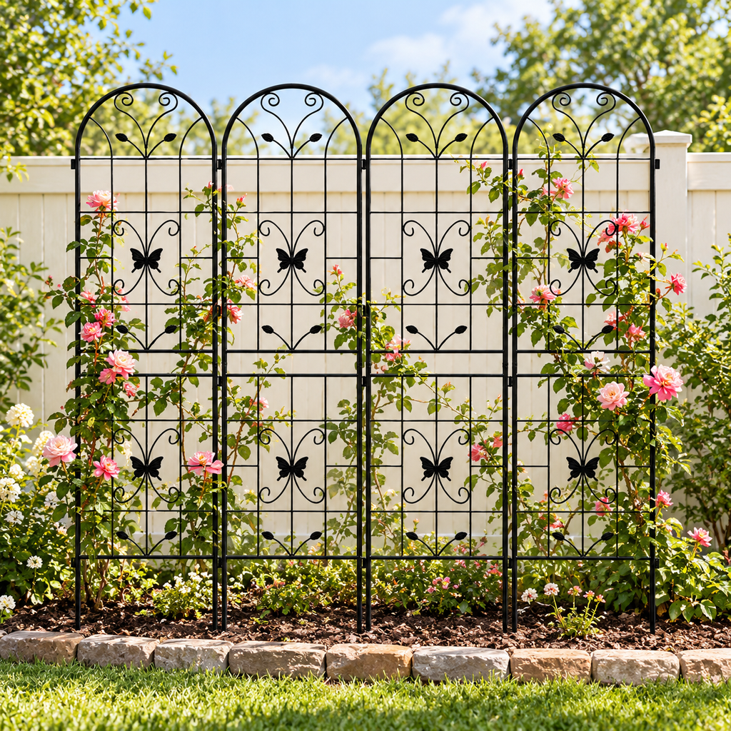 86.7-Inch Metal Garden Trellis, 4-Pack, Black, in a rose bed beside a garden fence