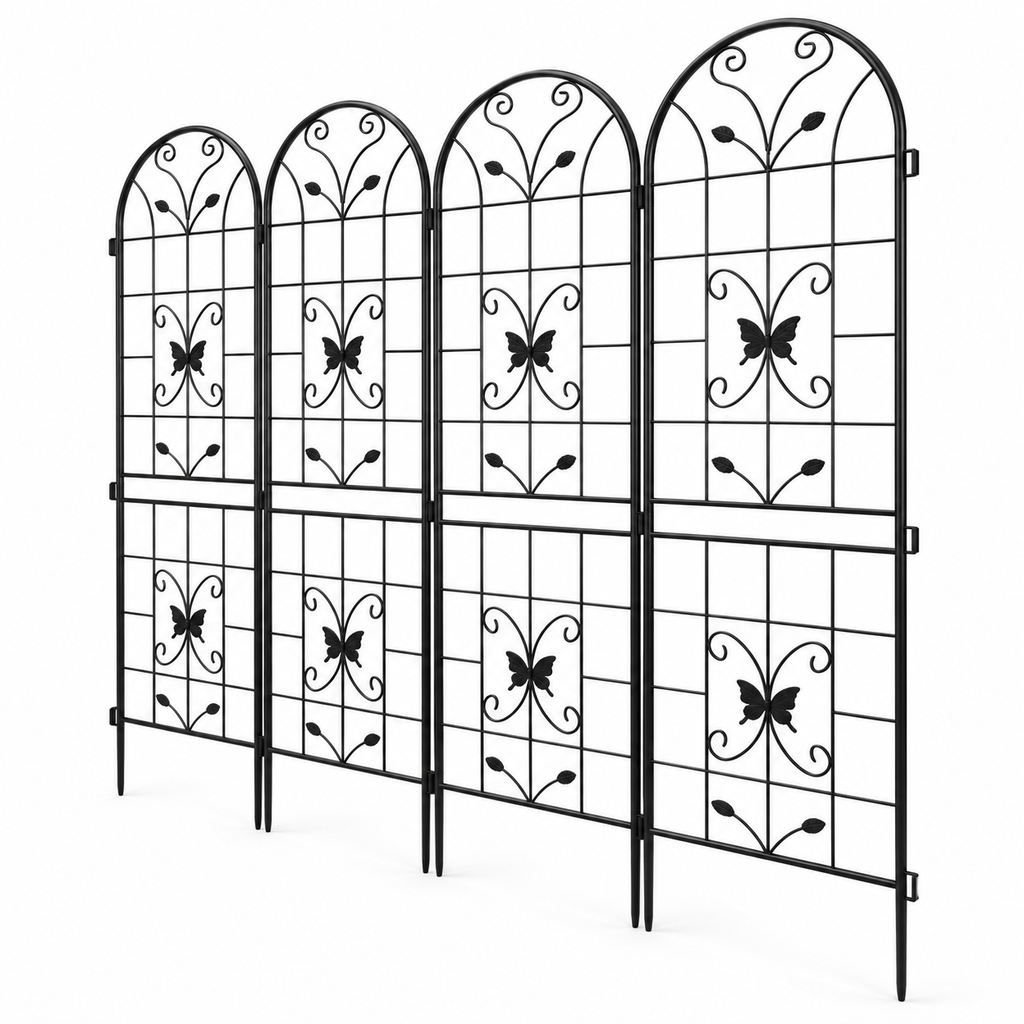 86.7-Inch Metal Garden Trellis, 4-Pack, Black, right-front view on white