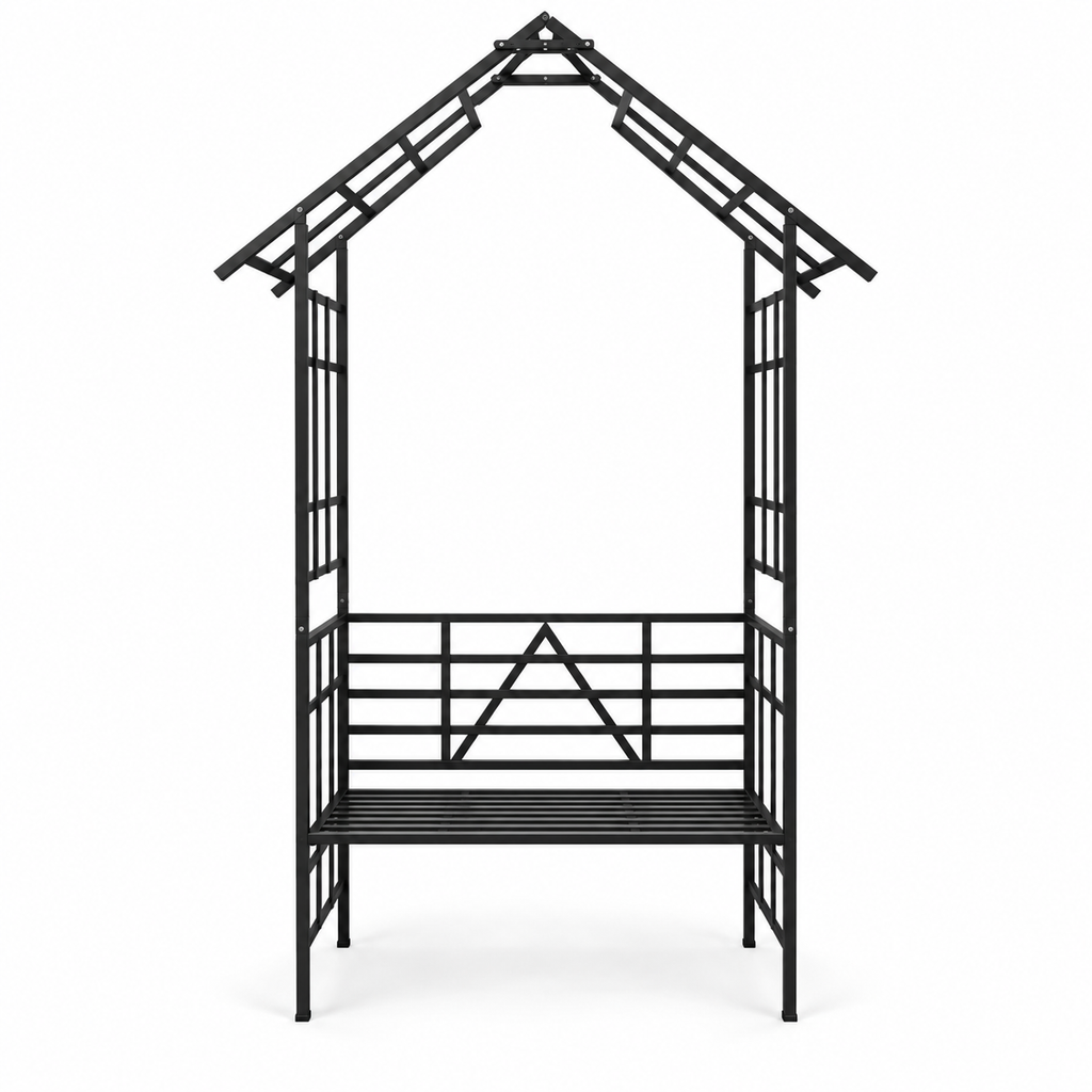 97-in. Gabled Iron Garden Arbor with Bench, Black, front view on white