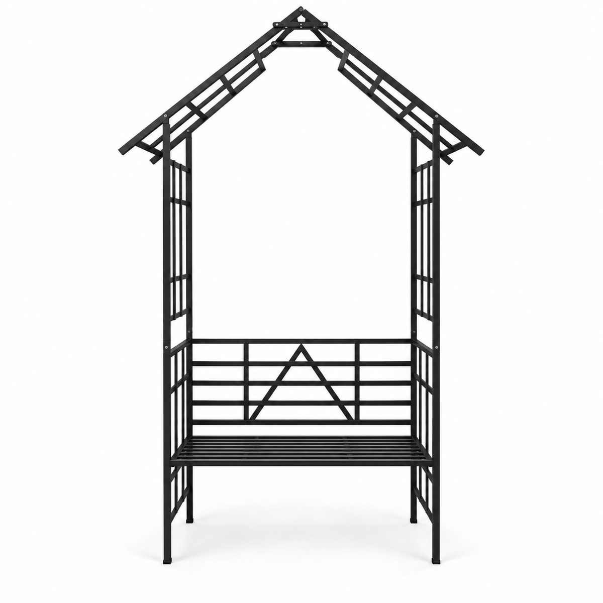 97-in. Gabled Iron Garden Arbor with Bench, Black, front view on white
