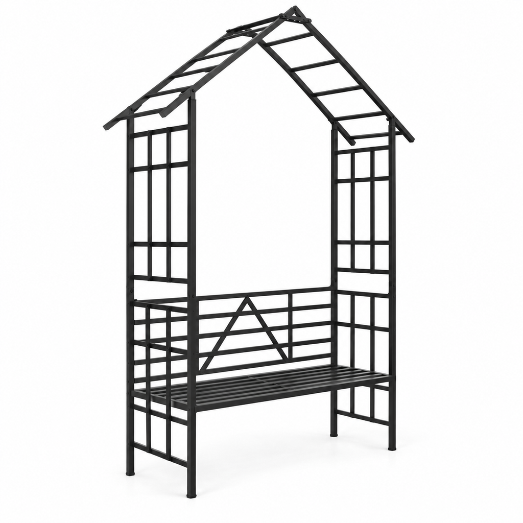 97-in. Gabled Iron Garden Arbor with Bench, Black, left-front view on white