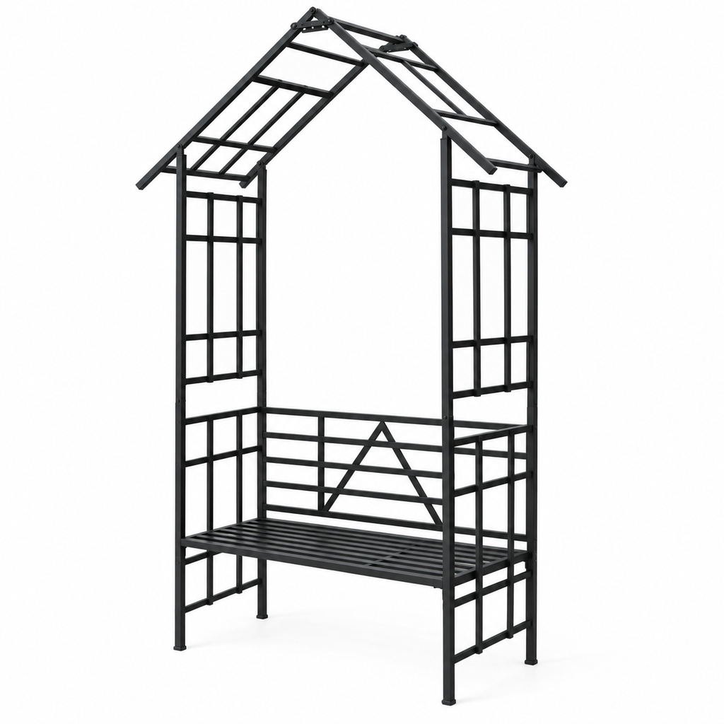 97-in. Gabled Iron Garden Arbor with Bench, Black, right-front view on white