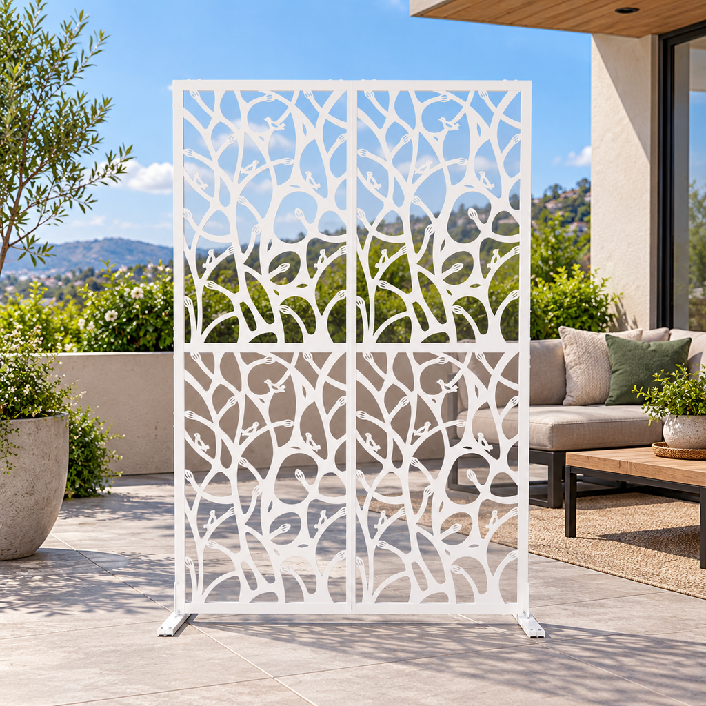 72-in. Bird and Branch Metal Privacy Screen, White, in an outdoor patio setting