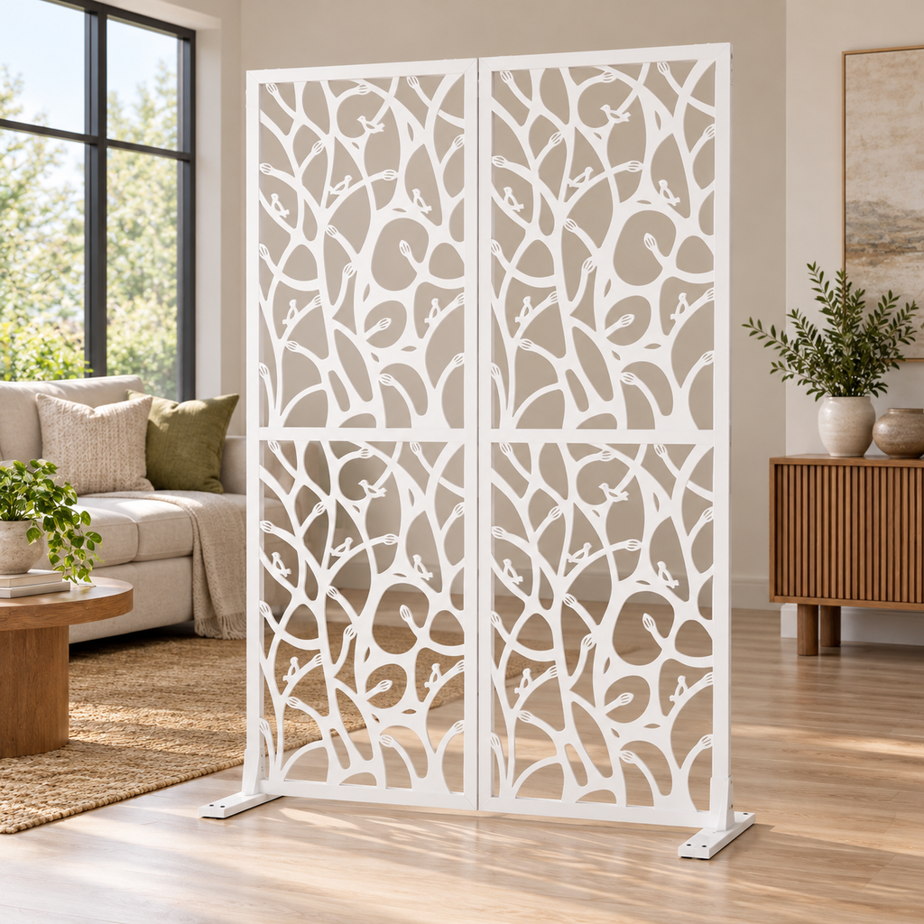 72-in. Bird and Branch Metal Privacy Screen, White, as a divider in a living room