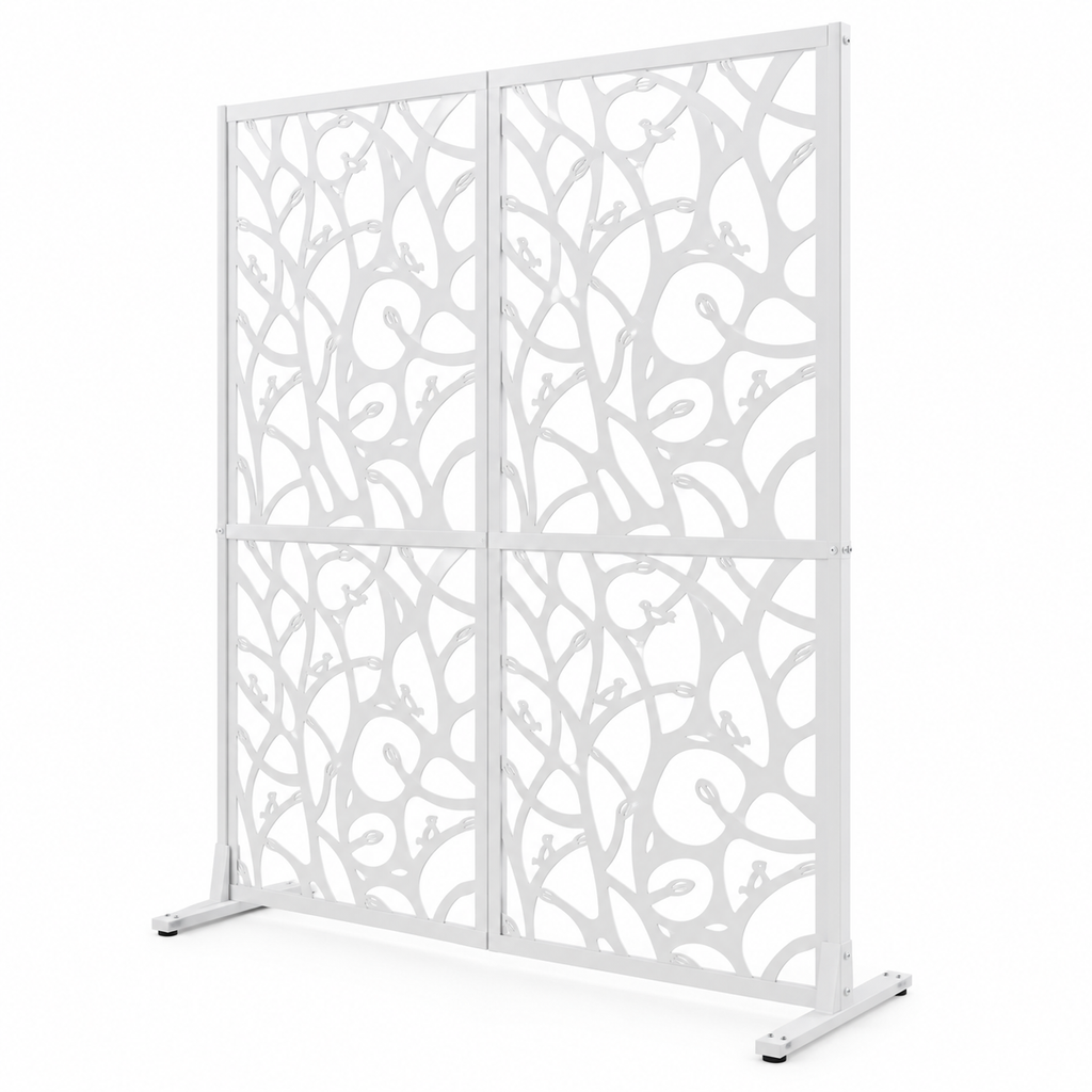 72-in. Bird and Branch Metal Privacy Screen, White, right-front view on white