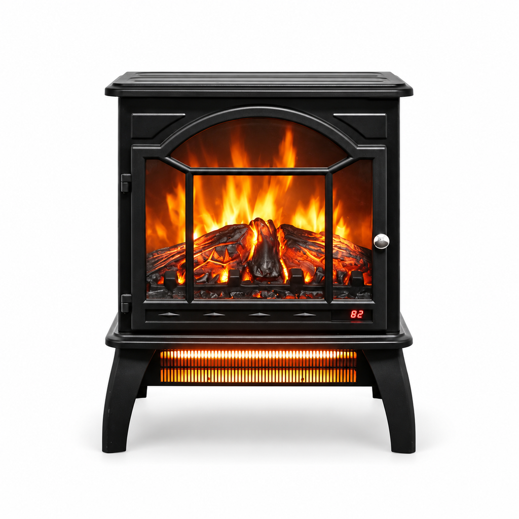 18-Inch Electric Fireplace Stove with Remote, Black, front view on white