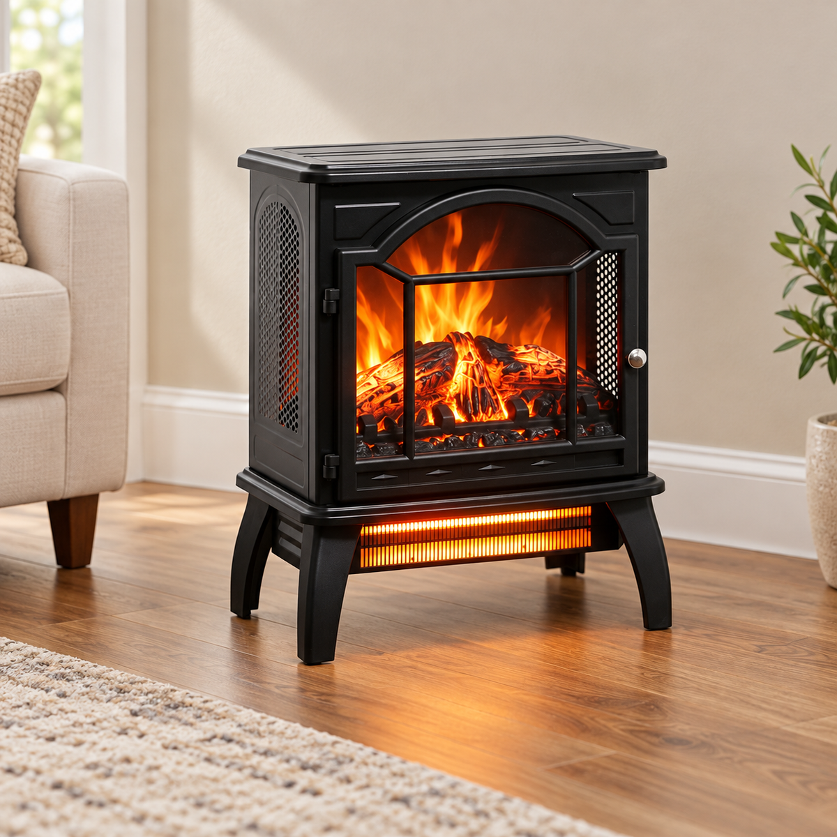 18-Inch Electric Fireplace Stove with Remote, Black, in a living room