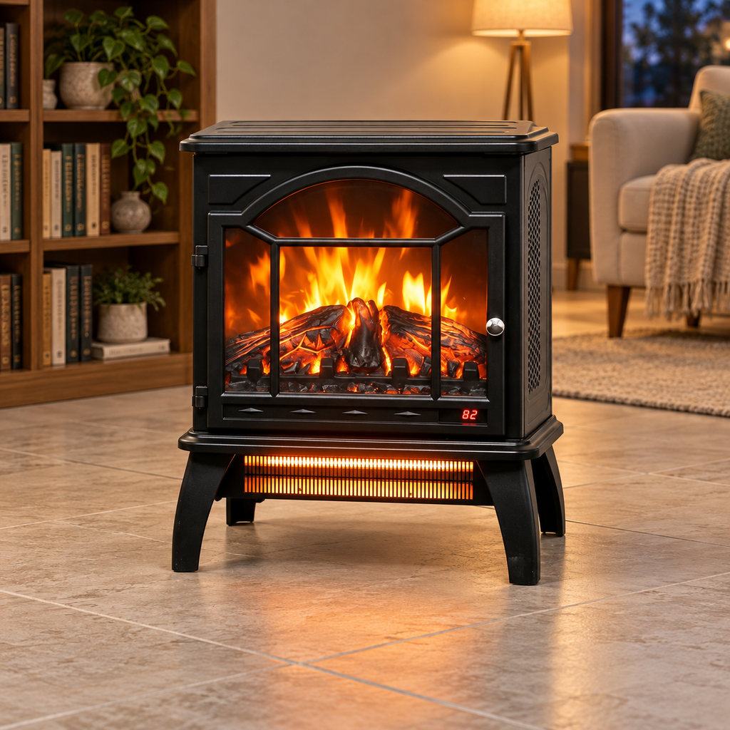 18-Inch Electric Fireplace Stove with Remote, Black, in a reading room
