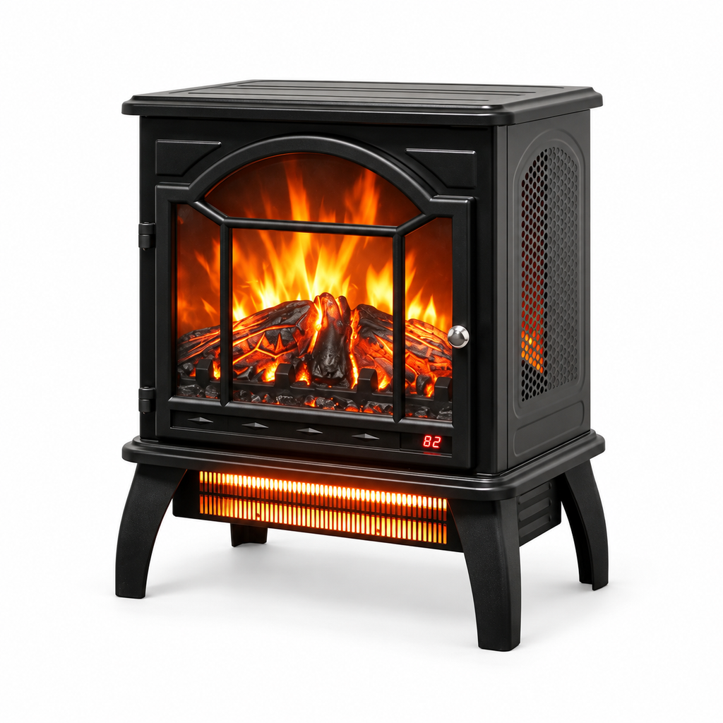 18-Inch Electric Fireplace Stove with Remote, Black, right-front view on white