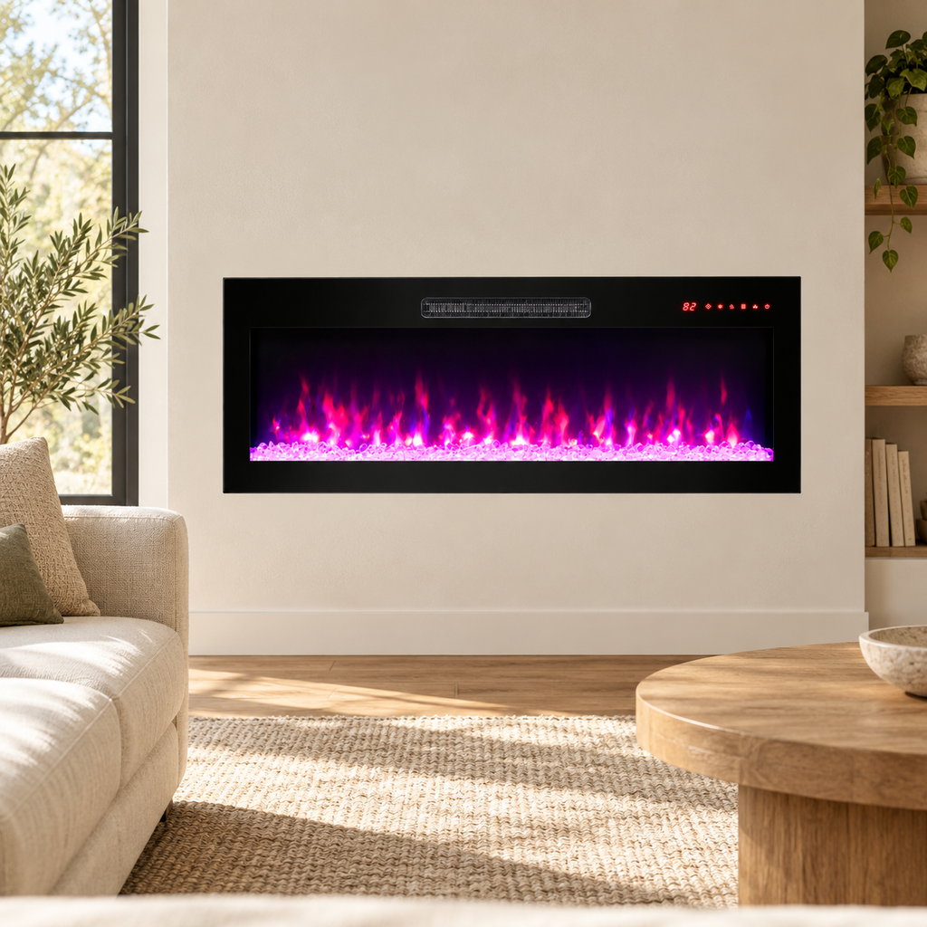 42-Inch Slim Electric Fireplace with Remote, Black, in a living room