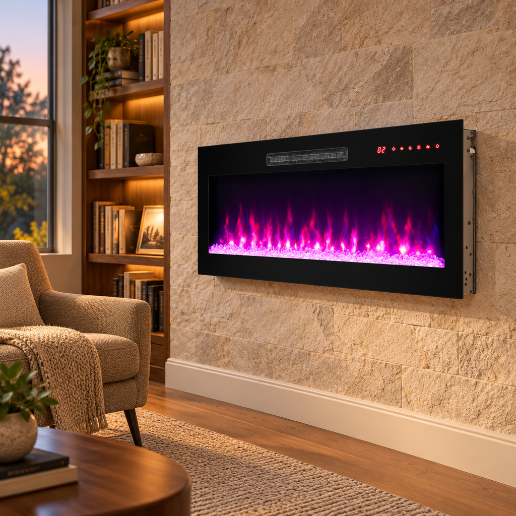 42-Inch Slim Electric Fireplace with Remote, Black, in a reading room