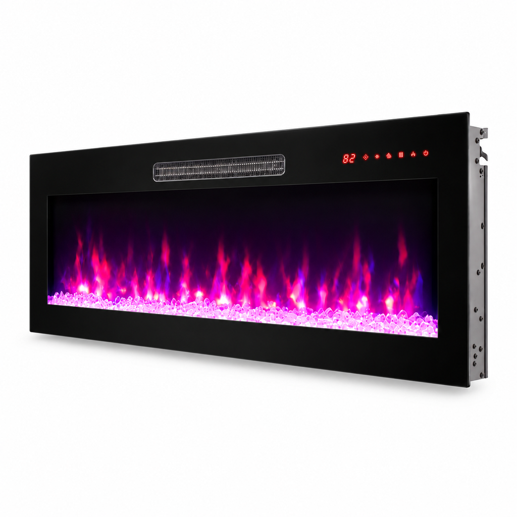 42-Inch Slim Electric Fireplace with Remote, Black, right-front view on white
